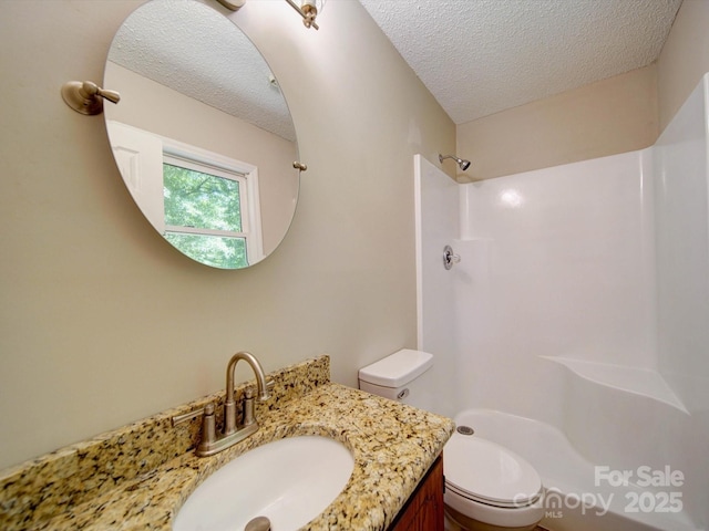 4901 Pine Oaks Dr, Monroe, NC 28112 - full bathroom with toilet, a textured ceiling, walk in shower, and vanity