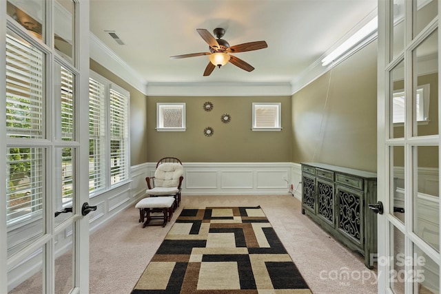9825 Ardrey Woods Dr, Charlotte, NC 28277 - sitting room featuring ornamental molding, light carpet, french doors, and ceiling fan