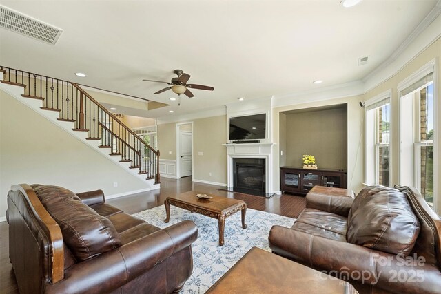 9825 Ardrey Woods Dr, Charlotte, NC 28277 - living room with recessed lighting, visible vents, stairway, and dark wood-type flooring