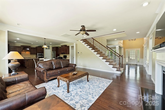 9825 Ardrey Woods Dr, Charlotte, NC 28277 - living room with stairs, a ceiling fan, dark wood finished floors, and visible vents