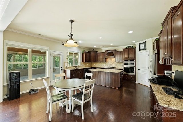 9825 Ardrey Woods Dr, Charlotte, NC 28277 - dining area featuring visible vents, dark wood finished floors, baseboards, ornamental molding, and recessed lighting