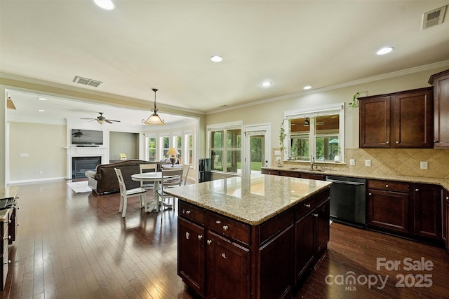9825 Ardrey Woods Dr, Charlotte, NC 28277 - kitchen with light stone countertops, visible vents, a glass covered fireplace, and dishwasher
