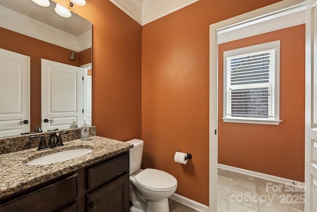 9825 Ardrey Woods Dr, Charlotte, NC 28277 - bathroom featuring vanity, ornamental molding, baseboards, and toilet