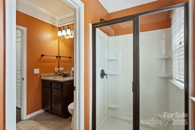 9825 Ardrey Woods Dr, Charlotte, NC 28277 - bathroom with vanity, ornamental molding, toilet, tile patterned floors, and a stall shower