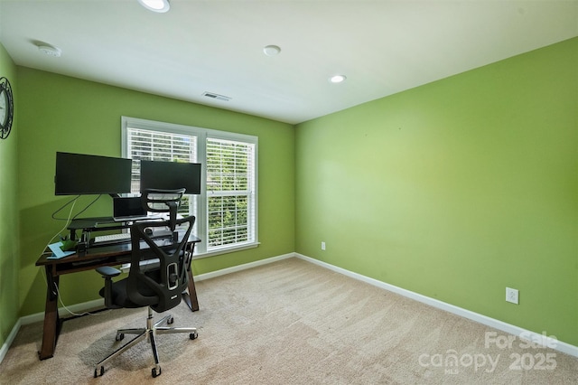 9825 Ardrey Woods Dr, Charlotte, NC 28277 - carpeted home office with visible vents, recessed lighting, and baseboards