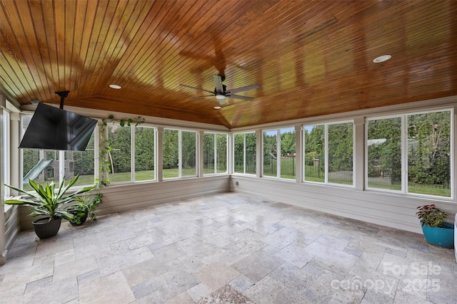 9825 Ardrey Woods Dr, Charlotte, NC 28277 - unfurnished sunroom with stone tile floors, a ceiling fan, vaulted ceiling, and wooden ceiling