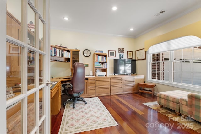 5342 Beacon Ridge Dr, Granite Falls, NC 28630 - office featuring dark wood-style flooring, crown molding, french doors, and recessed lighting