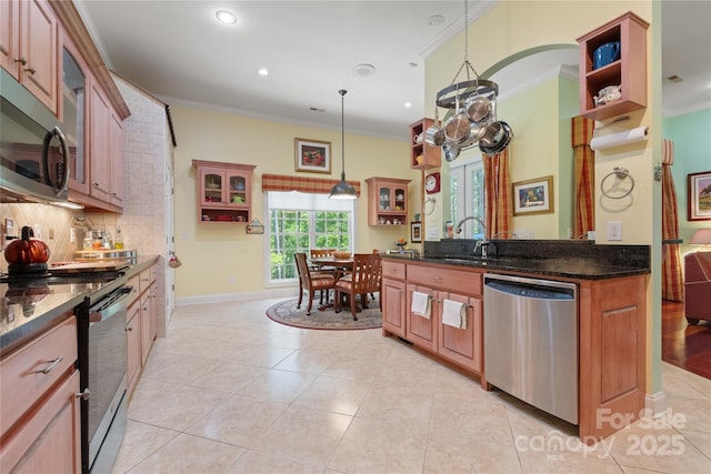 5342 Beacon Ridge Dr, Granite Falls, NC 28630 - kitchen with appliances with stainless steel finishes, ornamental molding, a sink, backsplash, and light tile patterned floors