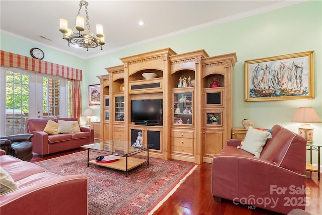 5342 Beacon Ridge Dr, Granite Falls, NC 28630 - living room featuring dark wood-type flooring, crown molding, a chandelier, and recessed lighting