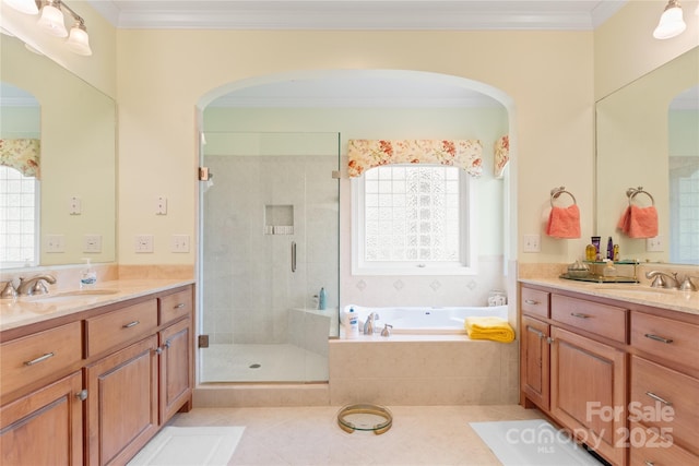 5342 Beacon Ridge Dr, Granite Falls, NC 28630 - full bath with a stall shower, a garden tub, tile patterned floors, crown molding, and two vanities