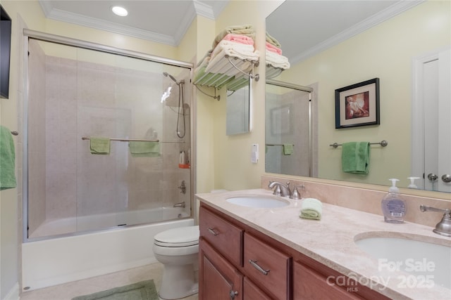 5342 Beacon Ridge Dr, Granite Falls, NC 28630 - full bathroom with crown molding, enclosed tub / shower combo, toilet, double vanity, and tile patterned floors