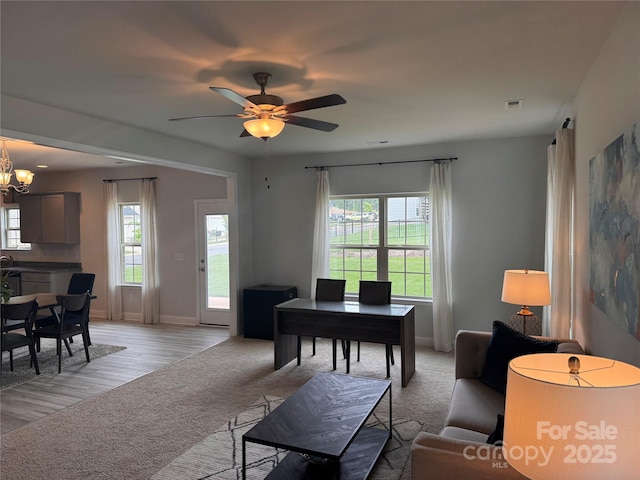 704 Robert Moses Dr Unit 121, Gastonia, NC 28056 - office with baseboards, visible vents, ceiling fan with notable chandelier, and light colored carpet