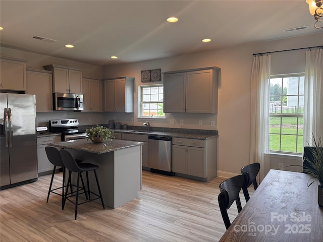704 Robert Moses Dr Unit 121, Gastonia, NC 28056 - kitchen with appliances with stainless steel finishes, a sink, gray cabinets, a kitchen bar, and visible vents