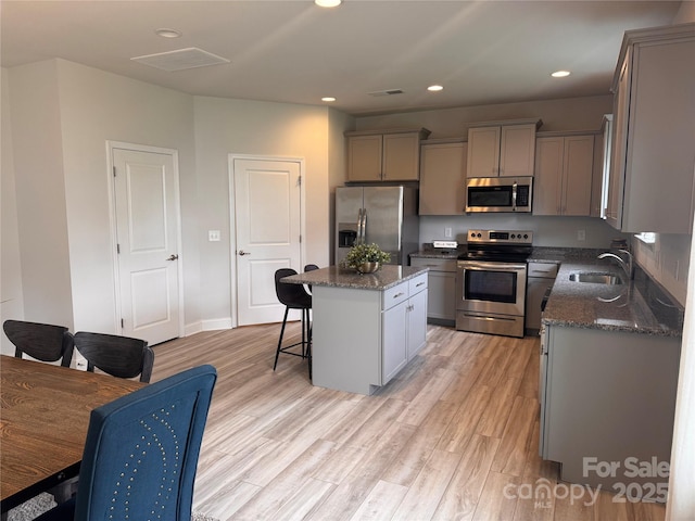 704 Robert Moses Dr Unit 121, Gastonia, NC 28056 - kitchen with a kitchen island, a breakfast bar area, gray cabinets, a sink, and stainless steel appliances