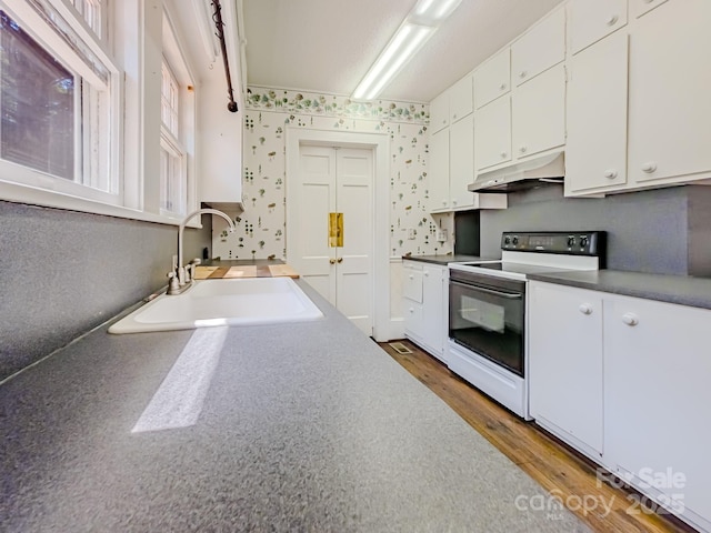 kitchen with white electric range, a sink, under cabinet range hood, white cabinetry, and wood finished floors