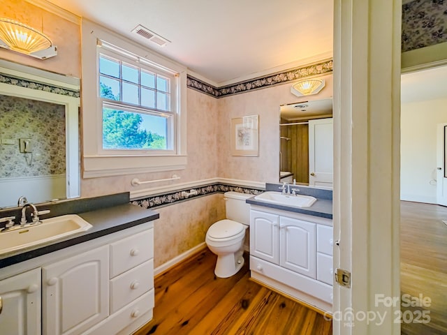 bathroom featuring wood finished floors, two vanities, toilet, and a wainscoted wall