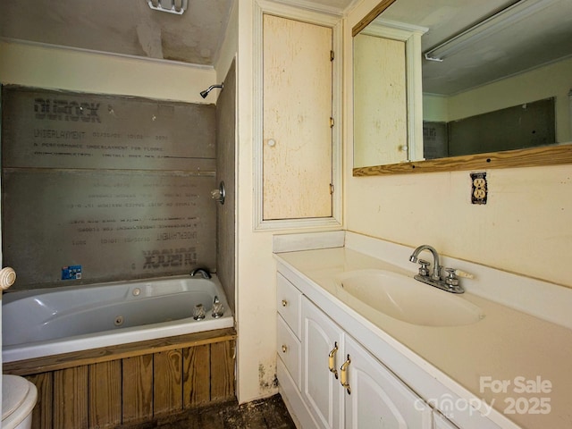 full bath with a combined bath / shower with jetted tub, vanity, and toilet