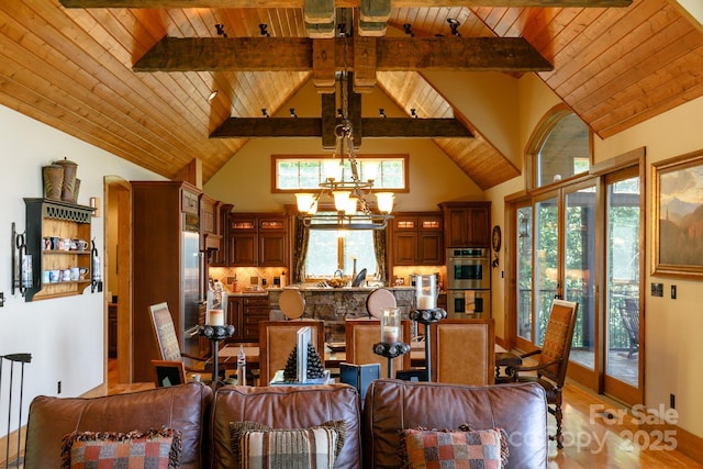 living area with wooden ceiling, beamed ceiling, high vaulted ceiling, and light wood-style floors