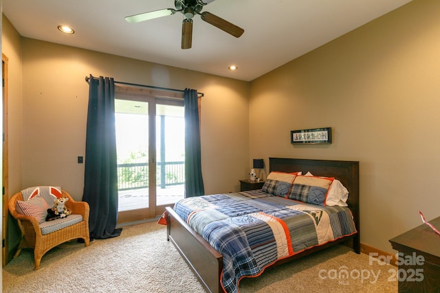 carpeted bedroom with a ceiling fan, recessed lighting, and access to exterior