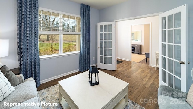living room featuring french doors, wood finished floors, and baseboards