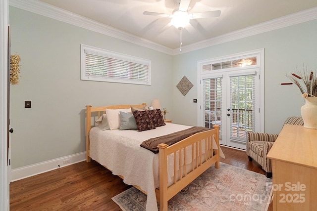 bedroom featuring crown molding, access to outside, french doors, a ceiling fan, and wood finished floors