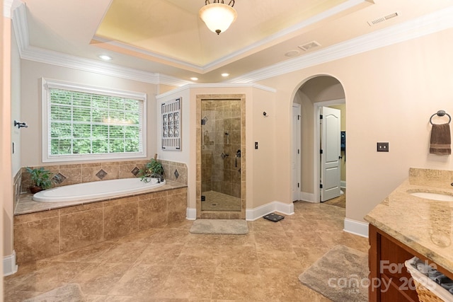 bathroom featuring visible vents, vanity, a raised ceiling, a bath, and a stall shower