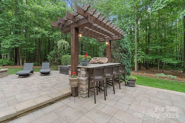 view of patio / terrace with a pergola and outdoor dry bar