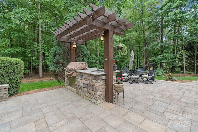 view of patio / terrace with area for grilling, a pergola, outdoor dining space, and a grill
