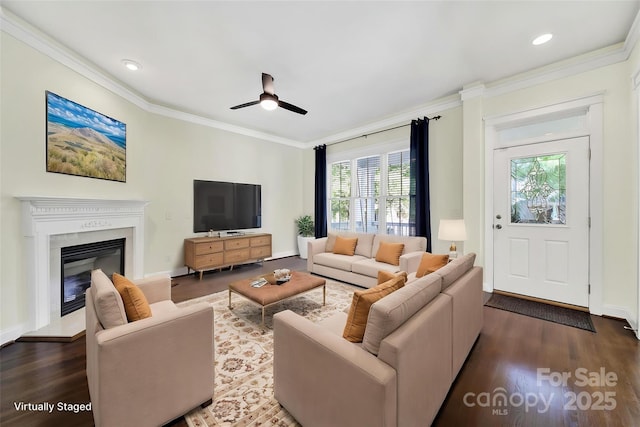 1855 Second Baxter Xing, Fort Mill, SC 29708 - living area with ornamental molding, dark wood finished floors, a ceiling fan, a glass covered fireplace, and baseboards