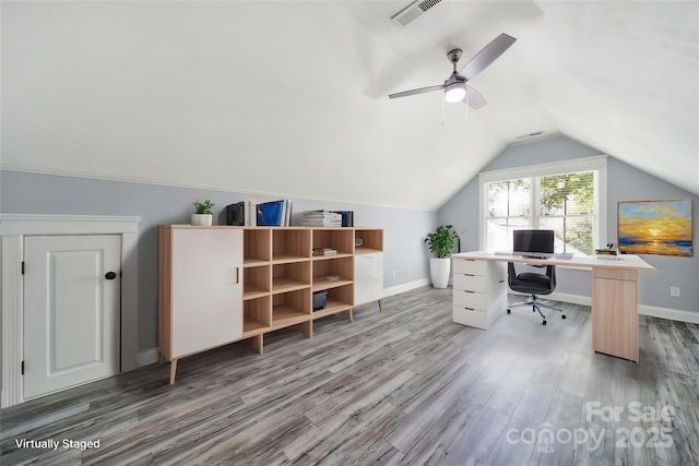 1855 Second Baxter Xing, Fort Mill, SC 29708 - office featuring light wood-type flooring, vaulted ceiling, ceiling fan, and baseboards