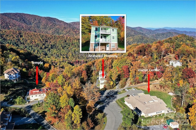 bird's eye view featuring a mountain view and a forest view