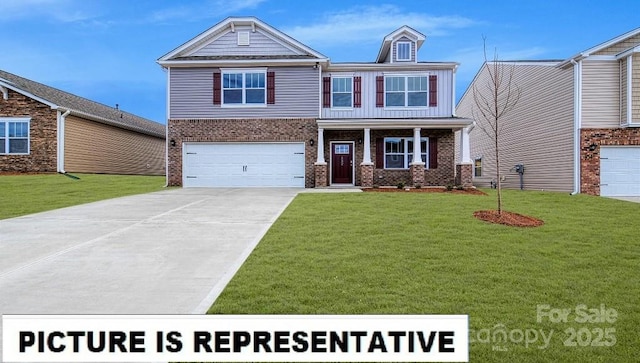 craftsman-style home with a garage, concrete driveway, a front lawn, and brick siding