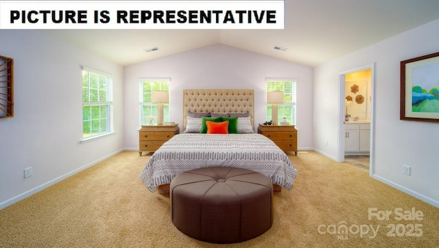 carpeted bedroom featuring baseboards, vaulted ceiling, and visible vents
