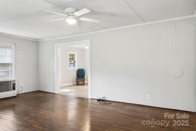 130 Casper Rd, Gold Hill, NC 28071 - spare room with ceiling fan, wood walls, ornamental molding, and wood finished floors