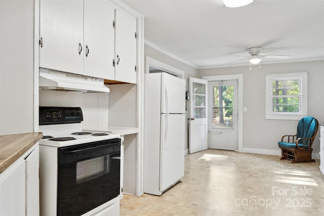 130 Casper Rd, Gold Hill, NC 28071 - kitchen featuring freestanding refrigerator, electric range oven, white cabinetry, under cabinet range hood, and a ceiling fan