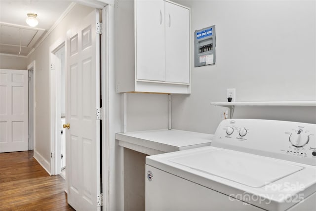 130 Casper Rd, Gold Hill, NC 28071 - clothes washing area featuring crown molding, attic access, washer / clothes dryer, dark wood-type flooring, and cabinet space