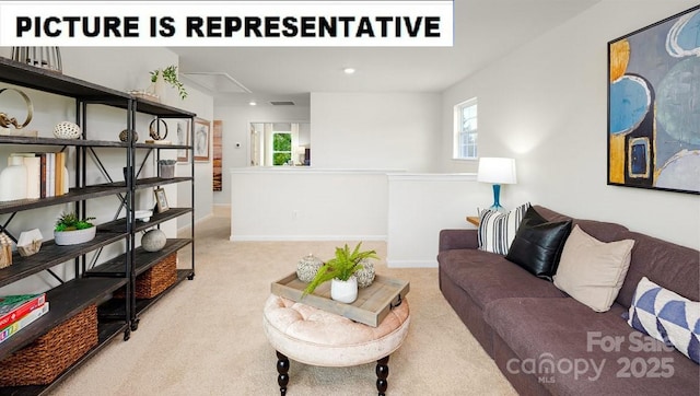 living room featuring carpet, recessed lighting, and baseboards
