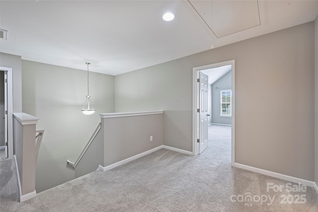 9321 Bradstreet Commons Way, Charlotte, NC 28215 - corridor featuring an upstairs landing, attic access, carpet floors, baseboards, and recessed lighting