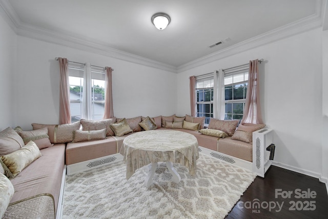 9029 Woodview Ct, Fort Mill, SC 29707 - living room with ornamental molding, healthy amount of natural light, dark wood-style flooring, and baseboards