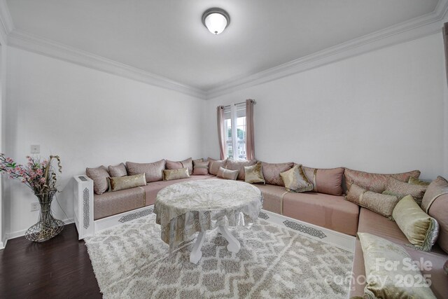 9029 Woodview Ct, Fort Mill, SC 29707 - living area featuring crown molding, dark wood-type flooring, and baseboards