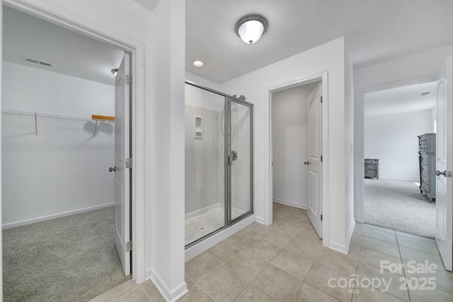 9029 Woodview Ct, Fort Mill, SC 29707 - full bath featuring a shower stall, a walk in closet, baseboards, and tile patterned flooring