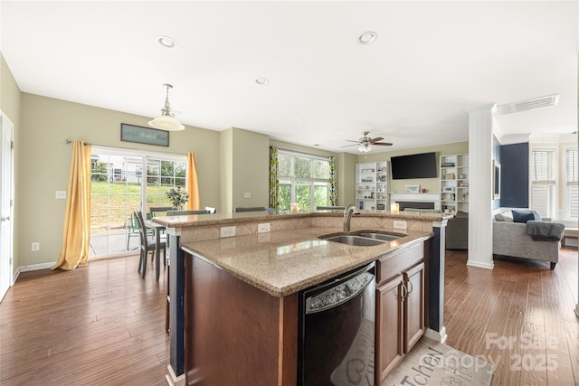 9159 Marasol Ln, Concord, NC 28027 - kitchen featuring black dishwasher, a sink, wood finished floors, open floor plan, and a ceiling fan
