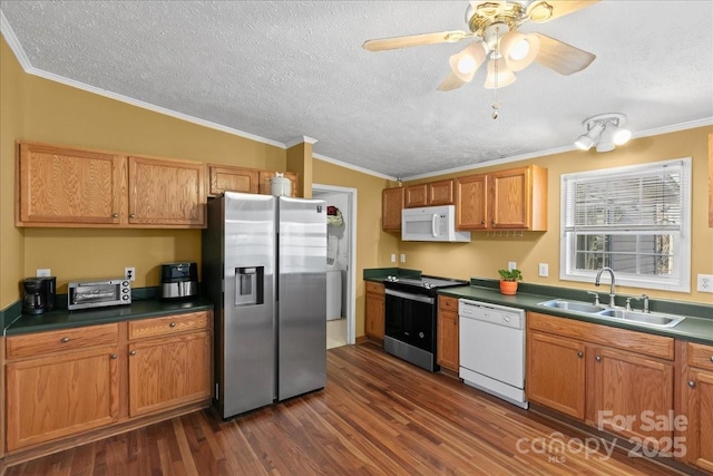 kitchen with a sink, white appliances, a textured ceiling, and dark wood finished floors