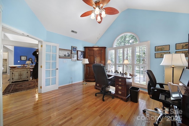 160 Fernbrook Dr, Mooresville, NC 28117 - office with french doors, high vaulted ceiling, light wood finished floors, and ceiling fan