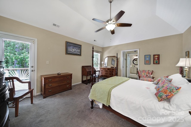 160 Fernbrook Dr, Mooresville, NC 28117 - carpeted bedroom featuring access to exterior, stacked washing machine and dryer, lofted ceiling, and ceiling fan