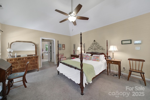 160 Fernbrook Dr, Mooresville, NC 28117 - bedroom featuring carpet floors, high vaulted ceiling, a ceiling fan, and ensuite bath