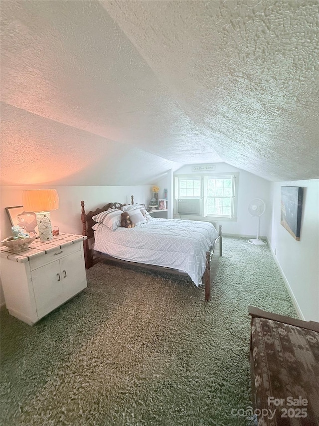 bedroom featuring a textured ceiling, carpet floors, lofted ceiling, and baseboards