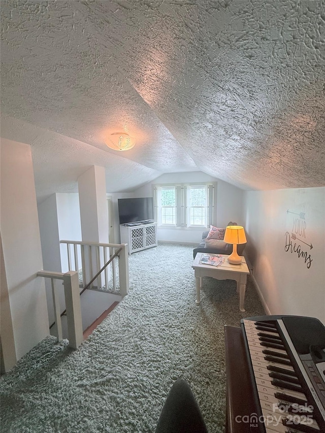 additional living space with carpet flooring, a textured ceiling, and vaulted ceiling