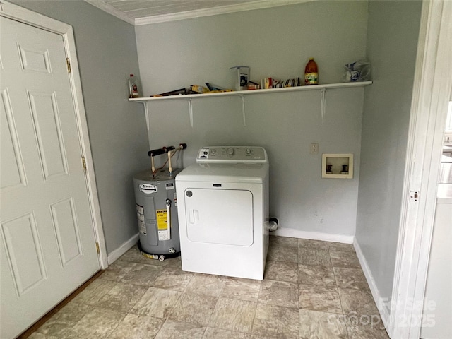 washroom featuring washer / dryer, laundry area, ornamental molding, water heater, and baseboards