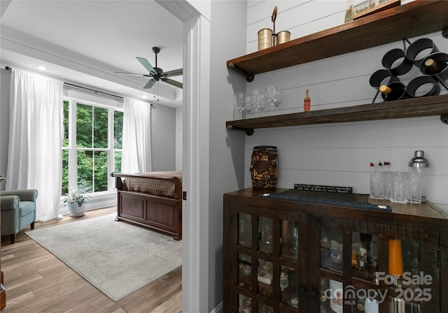 2646 Lee Lawing Rd, Lincolnton, NC 28092 - living area featuring a dry bar, ceiling fan, and light wood-type flooring